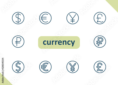 Currency icons. Dollar, euro, yen, yuan, pound, ruble, symbol, money vector icon set