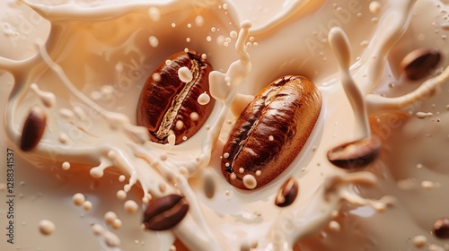 Two Coffee Beans Thrown into Milk Captured in High-Speed, Showcasing Vibrant Colors and Intricate Details, Offering a Hyper-Realistic Visual Experience in 2K Resolution