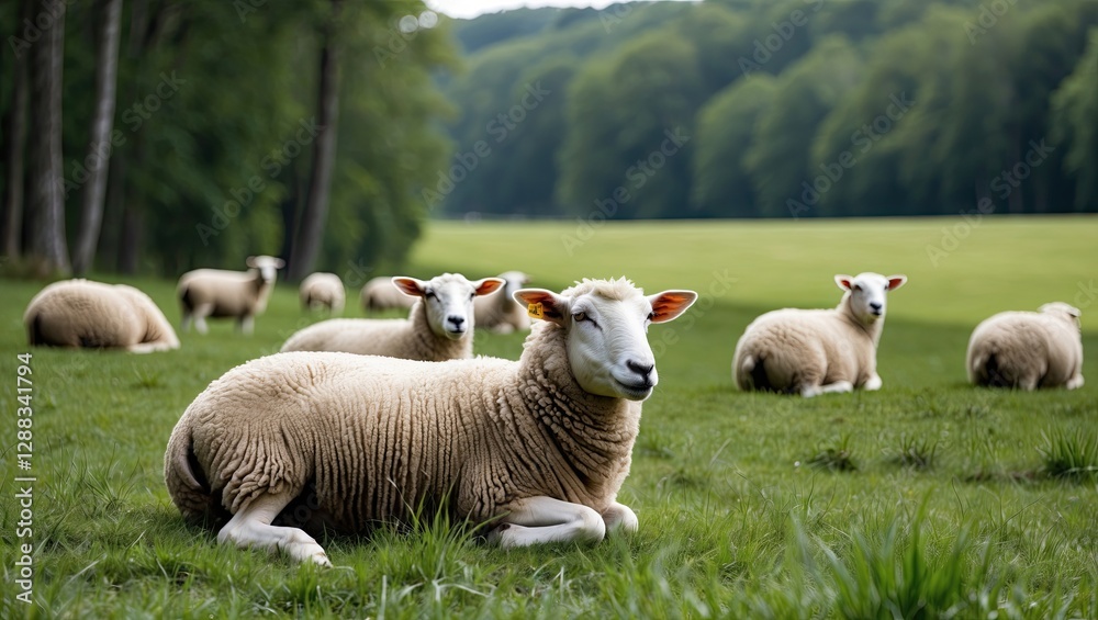 Fototapeta premium A serene pastoral scene featuring sheep grazing peacefully on lush green grass in a tranquil meadow with trees in the background