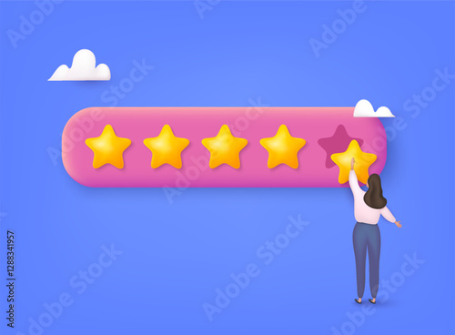 People Characters Giving Five Star Feedback. Vector customer review concepts. Reviews stars with good and bad rate and text. 3D Web Vector Illustrations