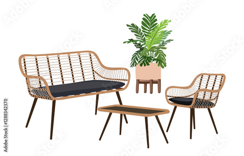 Patio furniture Set. Outdoor, porch zone furniture with potted plant vector illustration. Realistic garden yard interior elements, rattan armchair, sofa, coffee table isolated