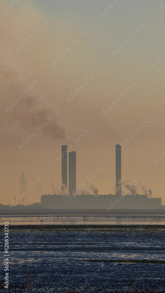 Vertical view of a power plant in Kuwait the Arabian Gulf with chimneys releasing fumes into the sky Vertical view of a power plant in Kuwait the Arabian Gulf with chimneys releasing fumes into the sky