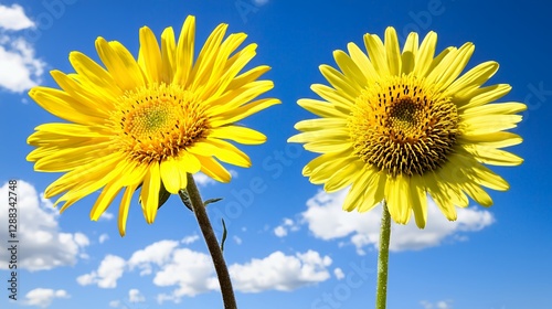 Two Bright Yellow Sunflowers Against a Blue Sky with Fluffy White Clouds