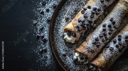 Close-up of cannoli with ricotta filling and chocolate chips, dusted with powdered sugar, leaving space for branding around the plate. photo