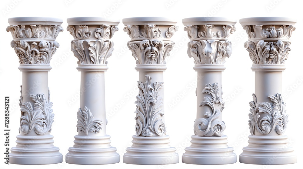 Detailed Rendering of Various White Antique Columns on Clear Background