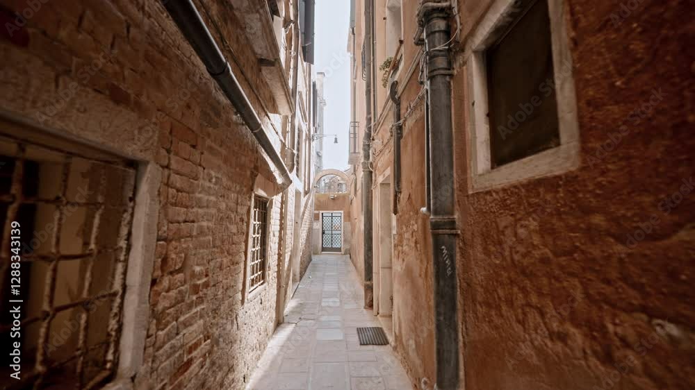Picturesque alley in Venice where sunlight streams between tall weathered buildings. Tourists walk along ancient stone pathway, surrounded by rustic textures and traditional Italian architecture. Picturesque alley in Venice where sunlight streams between tall weathered buildings. Tourists walk along ancient stone pathway, surrounded by rustic textures and traditional Italian architecture.
