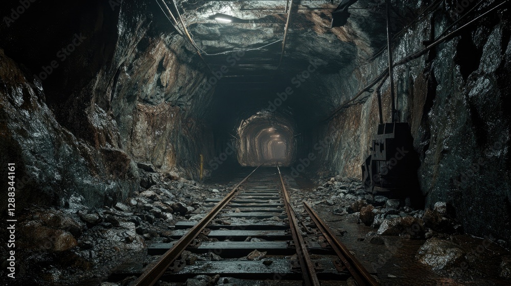 Haunting mine tunnel, with dim light casting eerie shadows on the damp rock walls of an abandoned underground passage. Haunting mine tunnel, with dim light casting eerie shadows on the damp rock walls of an abandoned underground passage.