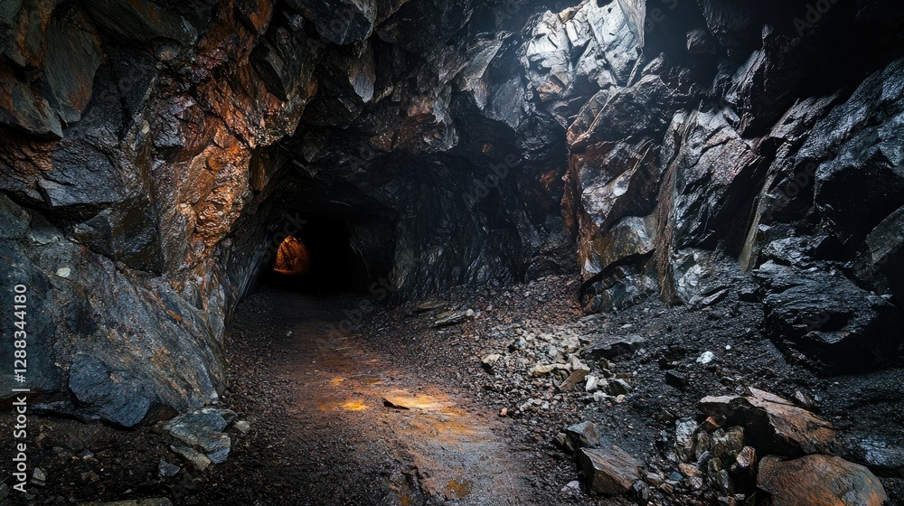 Haunting mine tunnel, with dim light casting eerie shadows on the damp rock walls of an abandoned underground passage. Haunting mine tunnel, with dim light casting eerie shadows on the damp rock walls of an abandoned underground passage.