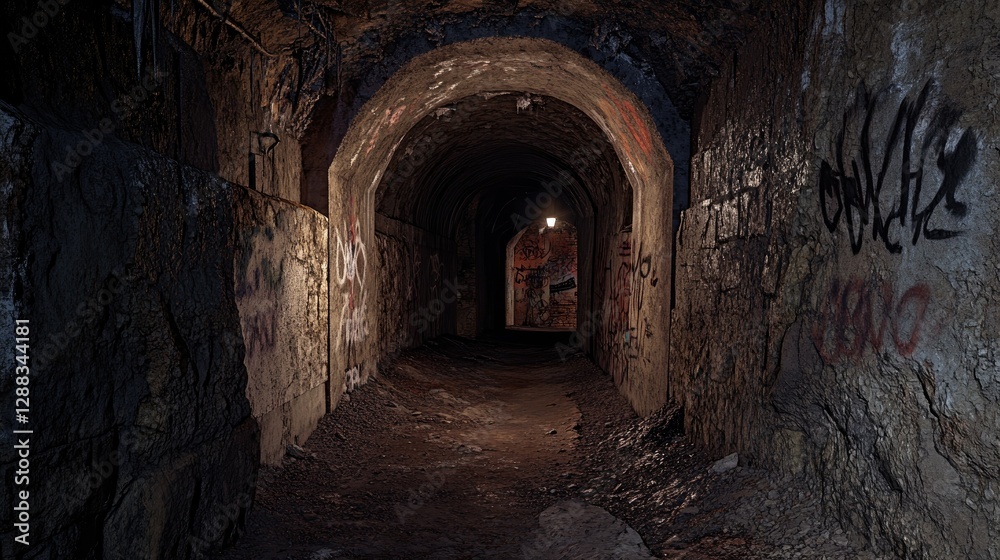 Obraz premium Haunted-looking mining tunnel, where flickering lantern light reveals faded graffiti and crumbling walls.