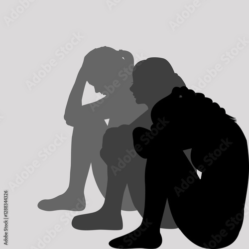 Set of three silhouettes of sad women sitting on the floor.eps