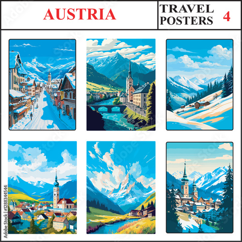 Austria St Anton am Arlberg Golling An Der Salzach Saalbach Travel Poster Wall Art Print Set Part 4