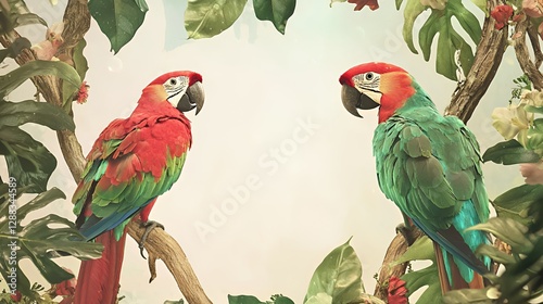 Two Macaws Perched on Branch Amidst Lush Tropical Foliage