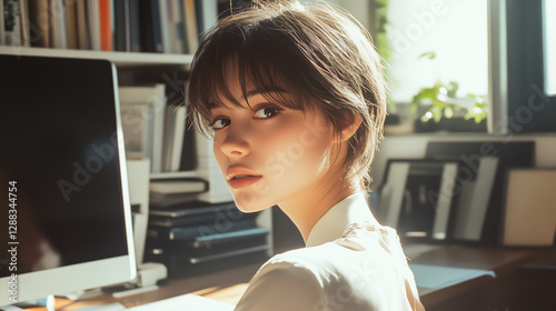 Young woman with short dark hair sitting in a stylish office, looking thoughtfully at the camera. Sunlight softly illuminates her face, Concept of career and intelligence