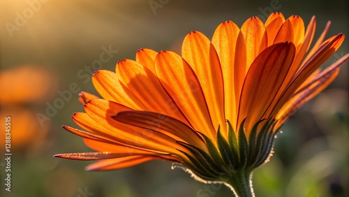 Radiant Bloom: A vibrant close-up captures the intricate beauty of an orange flower, its delicate petals illuminated by the warm, inviting glow of the sunlight, showcasing nature's artistry.