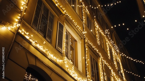Close-up of traditional Italian festival lights glowing on a historic building faade at night, with ample space for copy.