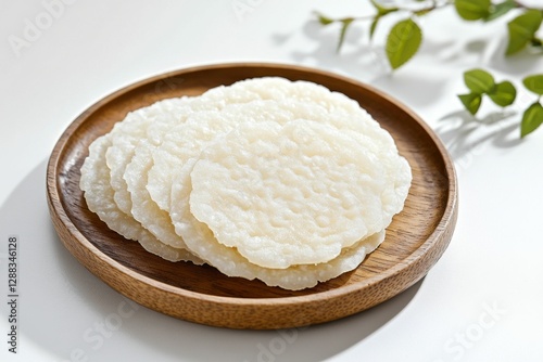 Tteok. Korean Rice Cake on Wooden Plate with Copy Space for Asian Cuisine Still Life Photography photo