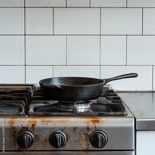 Close-up of a dusty gas stove with four grimy burners, topped by a black cast iron skillet; an intimate glimpse into everyday kitchen life photo