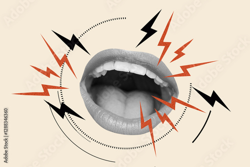 Woman open mouth with shouting gesture with colored rays on a beige background photo