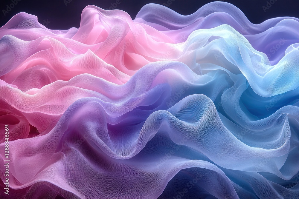 Obraz premium Abstract wavy fabric in pink, purple, blue hues; flowing, light, airy on dark backdrop