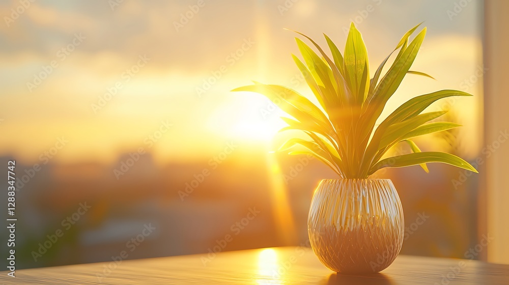 Plant in pot on table with sunlight and a city skyline. Possible use interior design Plant in pot on table with sunlight and a city skyline. Possible use interior design