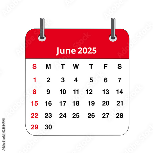 June 2025 calendar page isolated on a white background