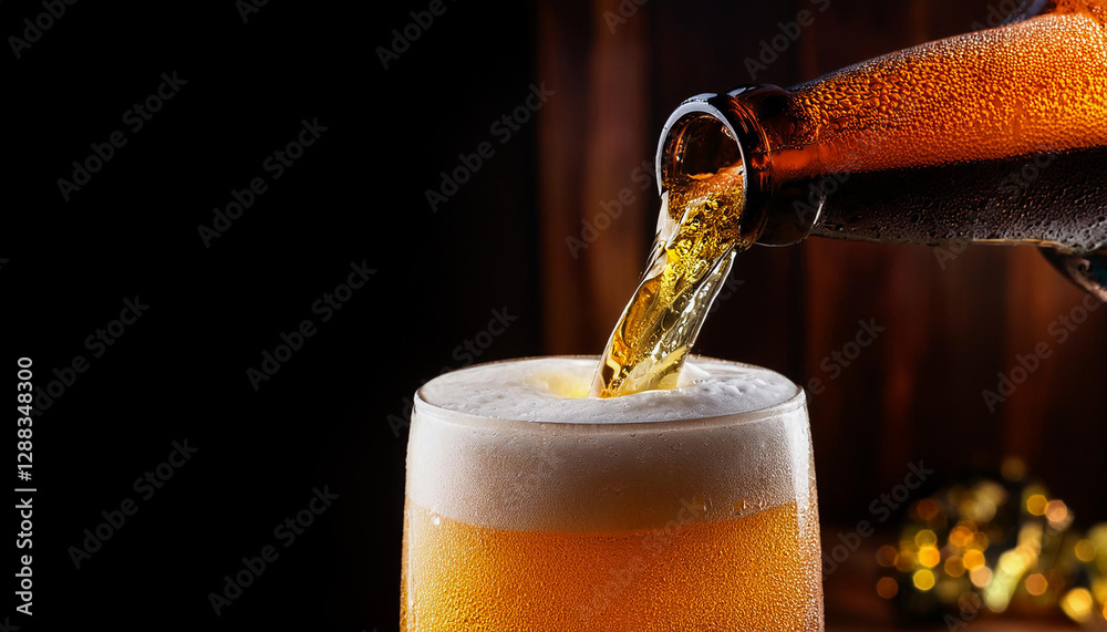Lager beer foams and pours from bottle into glass.