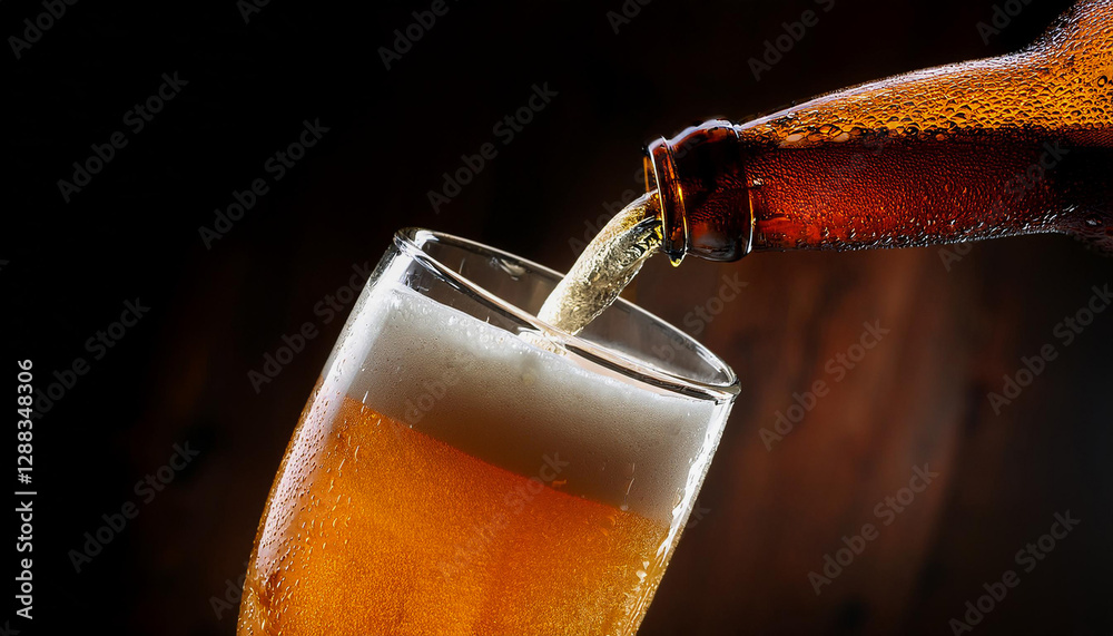 Lager beer foams and pours from bottle into glass.
