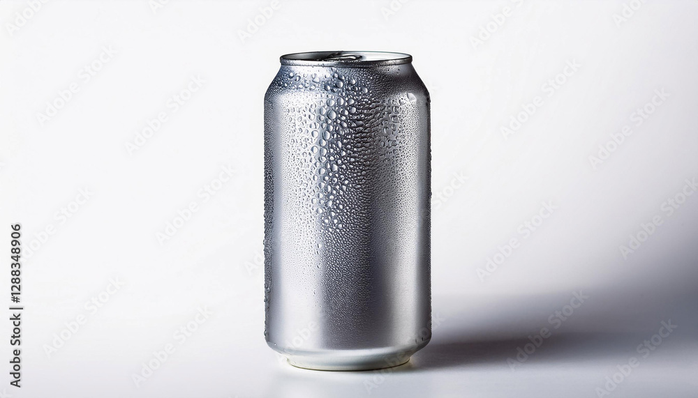 silver beer can on white background.
