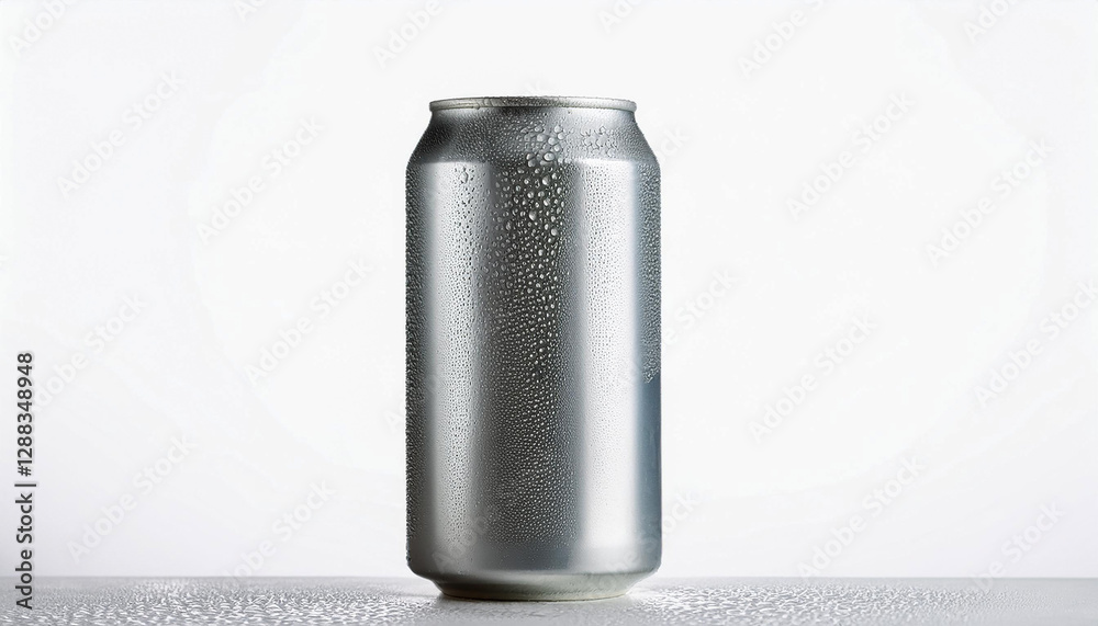 silver beer can on white background.