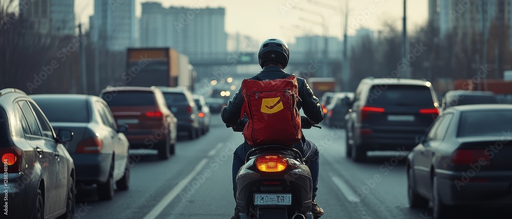 Motorcycle delivery action in urban traffic cityscape digital content daylight rear view logistics concept Motorcycle delivery action in urban traffic cityscape digital content daylight rear view logistics concept