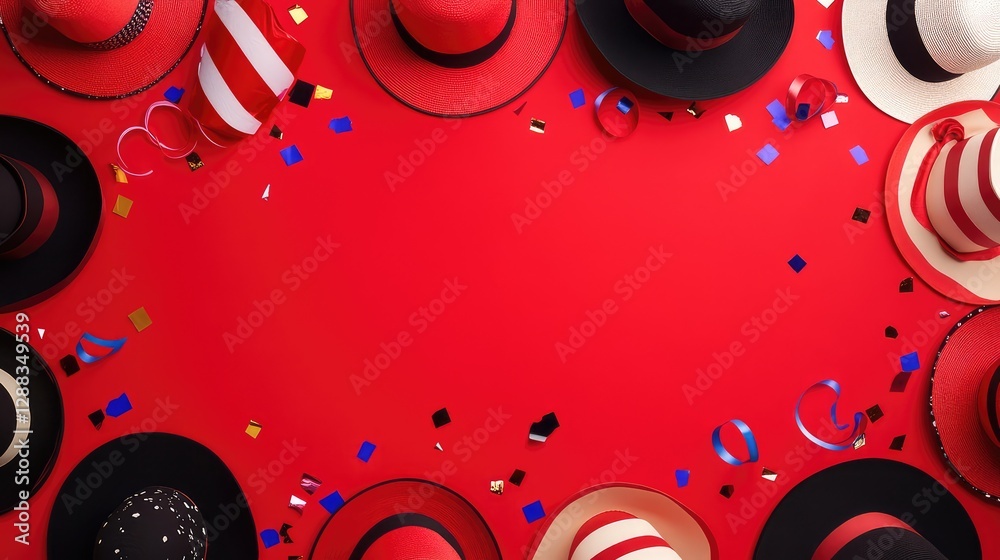 Obraz premium Flat lay of carnival hats, confetti, and streamers arranged neatly with space for copy or design.