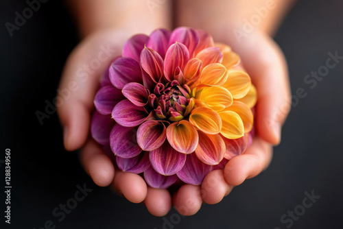 Close-up of a flower in small fingers, A close-up of a vibrant, multicolored flower held delicately in two hands against a dark background.