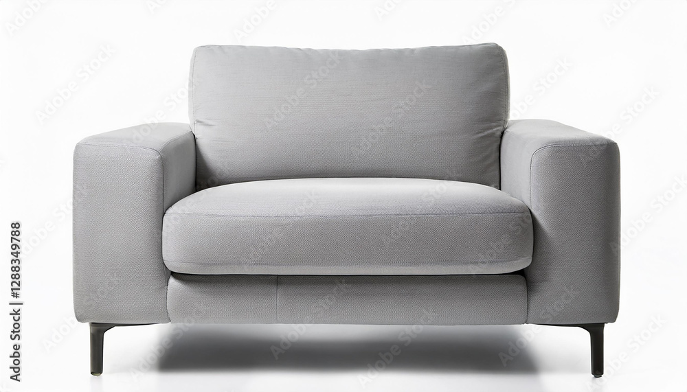 Comfortable light grey armchair on white background.