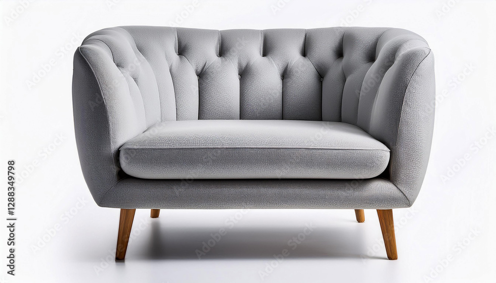 Comfortable light grey armchair on white background.