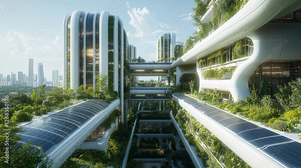 Naklejka premium Futuristic Green City With White Curving Buildings And Solar Panels 