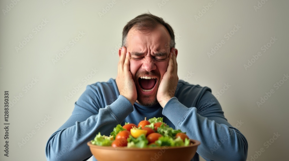 Man experiences overwhelming emotions while gazing at a bowl of fresh salad in a neutral setting beyond mere hunger Man experiences overwhelming emotions while gazing at a bowl of fresh salad in a neutral setting beyond mere hunger