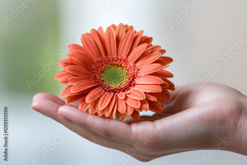 A red gerbera daisy resting in a hand, A vibrant orange flower held gently in a hand, symbolizing beauty and nature's grace.