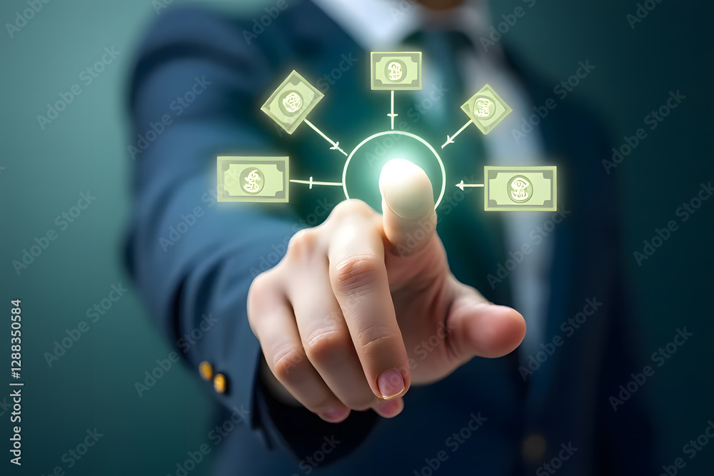 Hand pointing at the air and with financial symbols In an era where financial transactions are easy at your fingertips Hand pointing at the air and with financial symbols In an era where financial transactions are easy at your fingertips