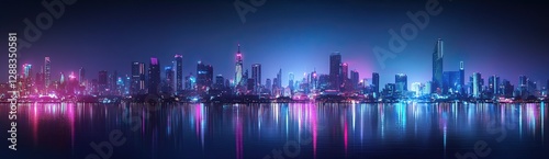 A panoramic view  skyline at dusk, with towering skyscrapers and vibrant city lights