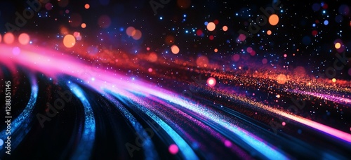 Abstract Vibrant Neon Light Trails Glowing Particles Background Digital Art Design Futuristic Technology Energy Flowing Lines Dynamic Motion Graphic Illustration Bright Colors Cosmic Space Sparkle    