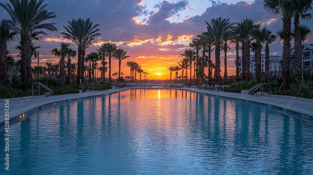 Fototapeta premium Pool at resort reflecting sunset colors, palm trees at waterfront with buildings in background for travel