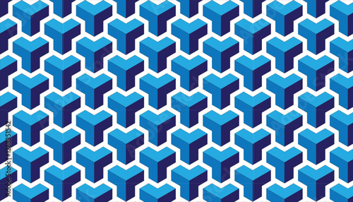 Blue and dark blue isometric t-shaped three dimensional seamless pattern background. Geometric t-shaped three dimensional seamless pattern forming a tessellation with light blue and dark blue colors