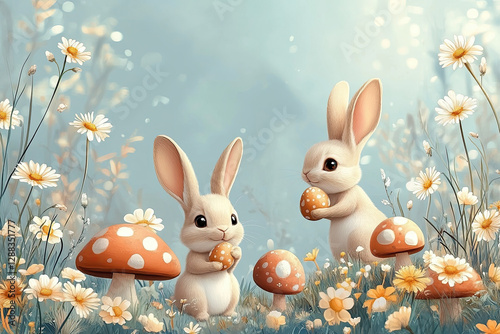 Two playful bunnies are hiding vibrant Easter eggs in a lush field filled with daisies and whimsical mushrooms on a sunny spring day, creating a festive atmosphere.