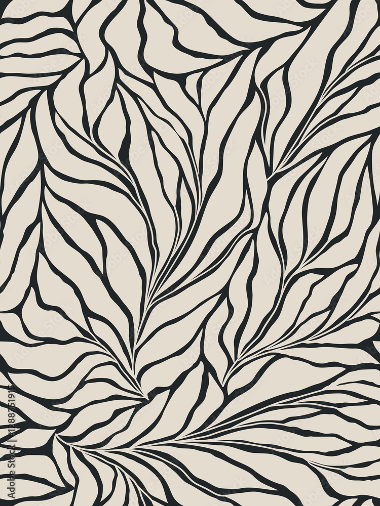 Seamless black and grey floral background with leaves. Hand drawn minimal abstract organic shapes pattern. Vector grey abstact pattern with black leaves