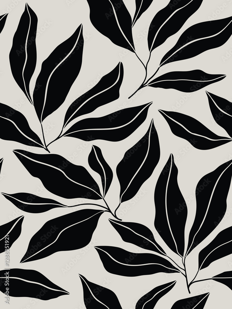 Seamless grey floral background with black leaves. Hand drawn minimal abstract organic shapes pattern. Delicate vector grey  abstact pattern with black leaves.