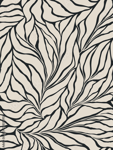 Seamless black and grey floral background with leaves. Hand drawn minimal abstract organic shapes pattern. Vector grey abstact pattern with black leaves