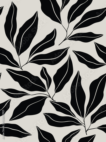 Seamless grey floral background with black leaves. Hand drawn minimal abstract organic shapes pattern. Delicate vector grey  abstact pattern with black leaves.