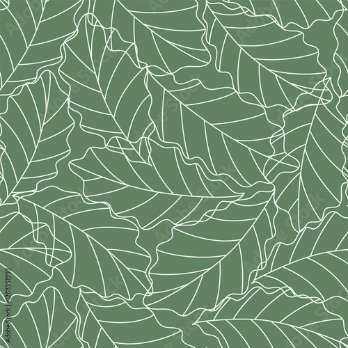 Seamless green floral background with  oak leaves. Hand drawn minimal abstract organic shapes pattern. Delicate vector green abstact pattern with grey leaves.