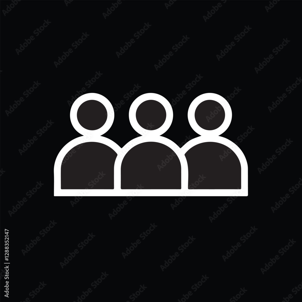Simple stylized white line icon on a black background depicting three human figures standing side by side, representing a group of people. Simple stylized white line icon on a black background depicting three human figures standing side by side, representing a group of people.