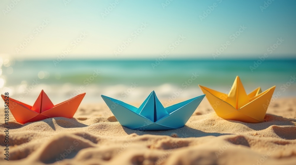 Colorful paper ships rest on warm golden sand under the bright sun, whispering tales of adventure on a summer beach Colorful paper ships rest on warm golden sand under the bright sun, whispering tales of adventure on a summer beach